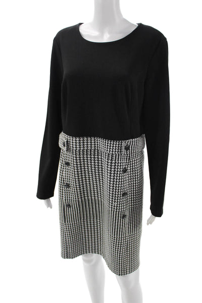 DKNY Women Sheath Dress Black Check Long Sleeve Knee Length Round Neck Size 14