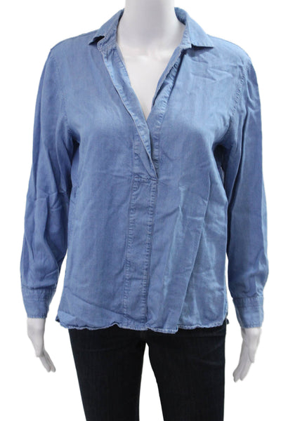 Massimo Dutti Women Basic Blue Lyocell Collared Long Sleeve Blouse Size 8