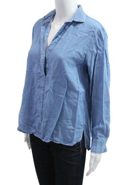 Massimo Dutti Women Basic Blue Lyocell Collared Long Sleeve Blouse Size 8