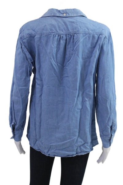 Massimo Dutti Women Basic Blue Lyocell Collared Long Sleeve Blouse Size 8