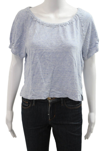 Poetry Womens Light Blue Cropped Striped Linen Blouse Short Sleeve Size 10