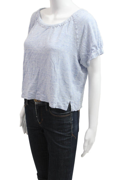 Poetry Womens Light Blue Cropped Striped Linen Blouse Short Sleeve Size 10