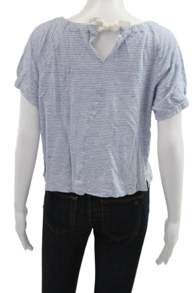Poetry Womens Light Blue Cropped Striped Linen Blouse Short Sleeve Size 10