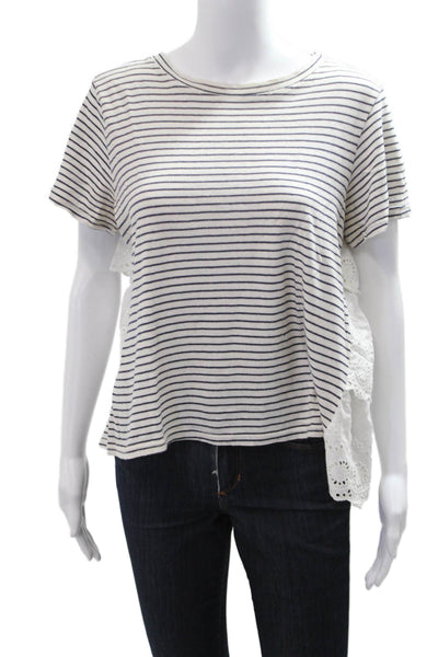 Sundance Womens Striped White Short Sleeve T-Shirt Linen Cotton Boho Size L
