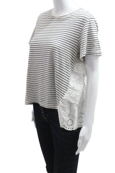 Sundance Womens Striped White Short Sleeve T-Shirt Linen Cotton Boho Size L