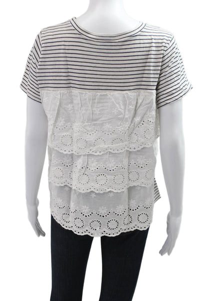 Sundance Womens Striped White Short Sleeve T-Shirt Linen Cotton Boho Size L