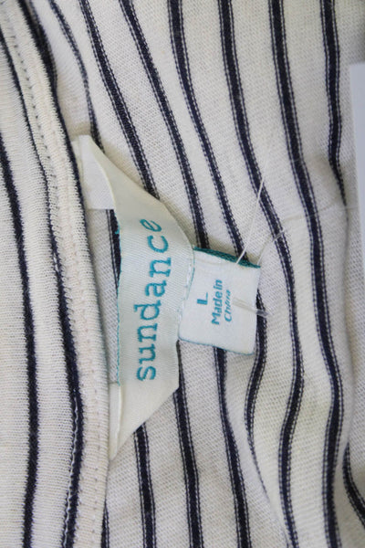Sundance Womens Striped White Short Sleeve T-Shirt Linen Cotton Boho Size L