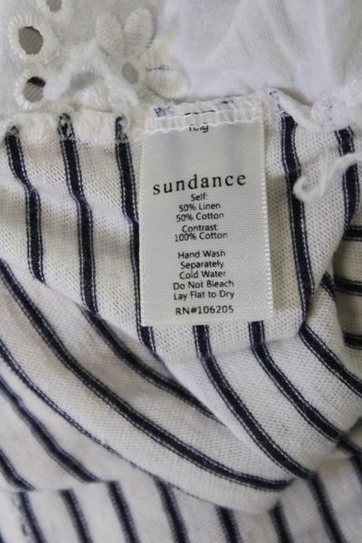Sundance Womens Striped White Short Sleeve T-Shirt Linen Cotton Boho Size L
