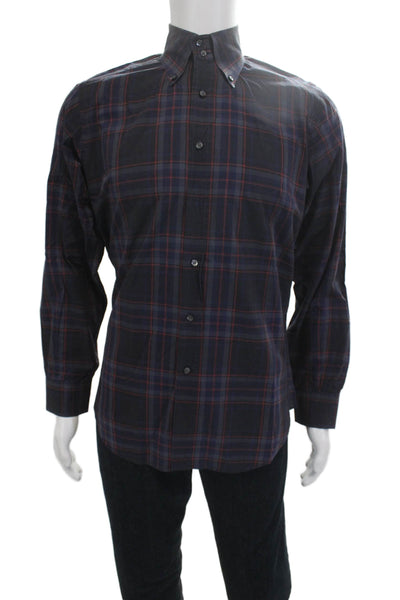 Etro Milano Mens Cotton Plaid Collar Long Sleeve Button-Down Shirt Gray Size 39