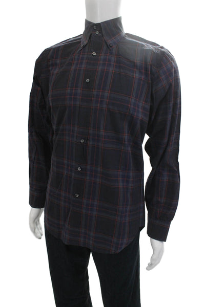 Etro Milano Mens Cotton Plaid Collar Long Sleeve Button-Down Shirt Gray Size 39