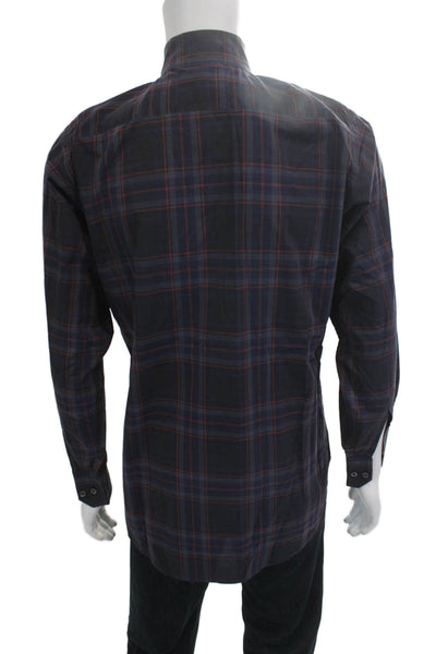 Etro Milano Mens Cotton Plaid Collar Long Sleeve Button-Down Shirt Gray Size 39
