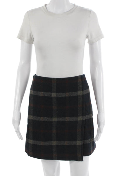 Uniqlo Women A-Line Mini Skirt Dark Blue Plaid Wool Blend Size 8
