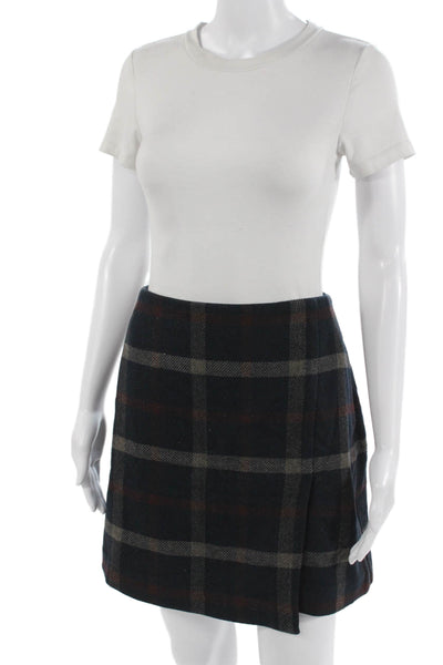 Uniqlo Women A-Line Mini Skirt Dark Blue Plaid Wool Blend Size 8