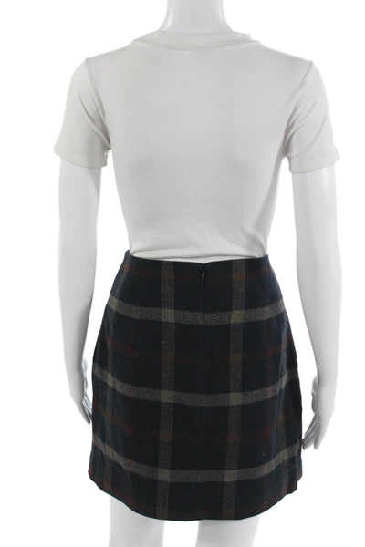 Uniqlo Women A-Line Mini Skirt Dark Blue Plaid Wool Blend Size 8