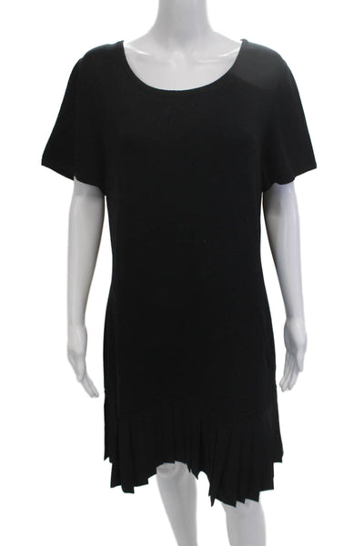 St. John Women Black Shift Sweater Dress Cotton Wool Short Sleeve Size L
