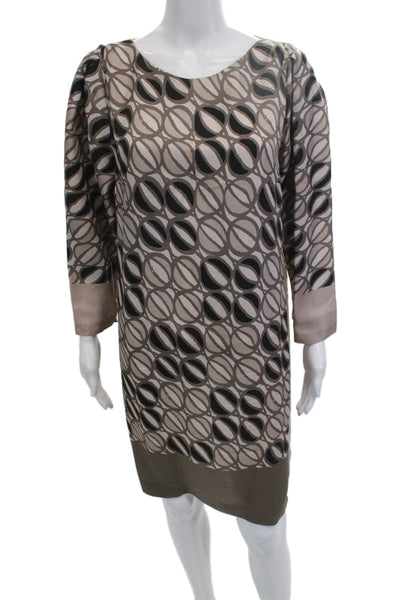 Piazza Sempione Womens Beige Silk Geometric Shift Dress 3/4 Sleeve Size 48