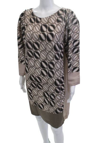 Piazza Sempione Womens Beige Silk Geometric Shift Dress 3/4 Sleeve Size 48