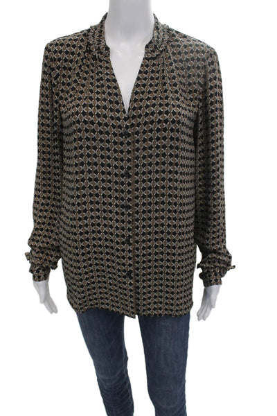 Hobbs London Women Black Geometric V-Neck Long Sleeve Button-Up Blouse Size 6