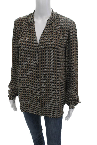 Hobbs London Women Black Geometric V-Neck Long Sleeve Button-Up Blouse Size 6