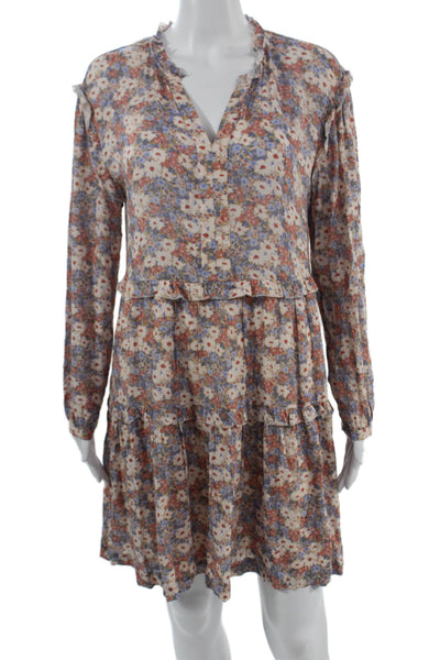 Rails Women Shirt Dress Beige Floral V-Neck Long Sleeve Cotton Bohemian Size S