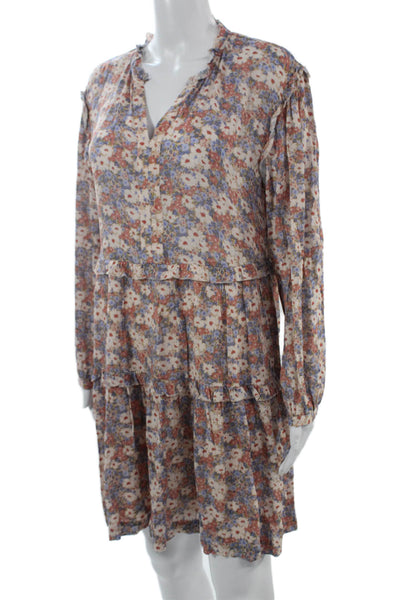 Rails Women Shirt Dress Beige Floral V-Neck Long Sleeve Cotton Bohemian Size S