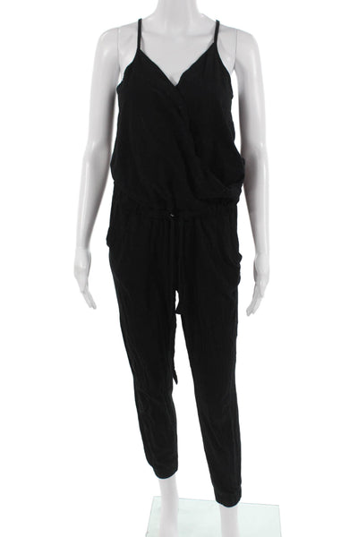 Bobi Women Jumpsuit Black V Neck Sleeveless Cotton Solid Size S