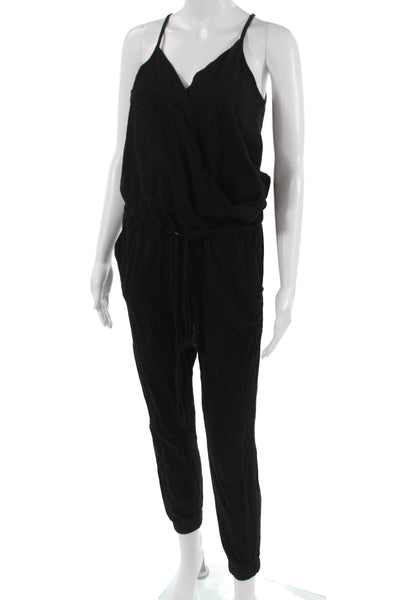 Bobi Women Jumpsuit Black V Neck Sleeveless Cotton Solid Size S
