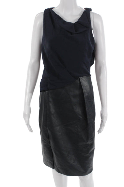 J. Mendel Womens Sheath Dress Dark Blue Leather Sleeveless Knee Length Size 4
