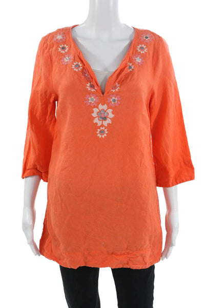 J Crew Women Orange 100% Linen Tunic V Neck 3/4 Sleeve Floral Boho Size 10