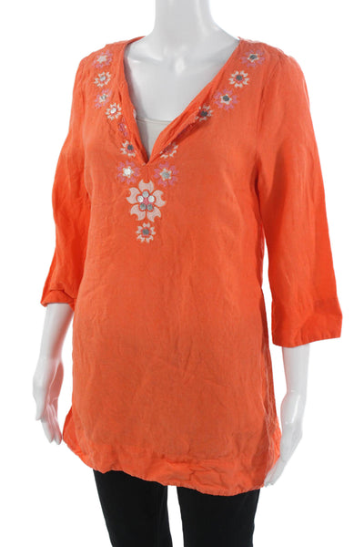 J Crew Women Orange 100% Linen Tunic V Neck 3/4 Sleeve Floral Boho Size 10