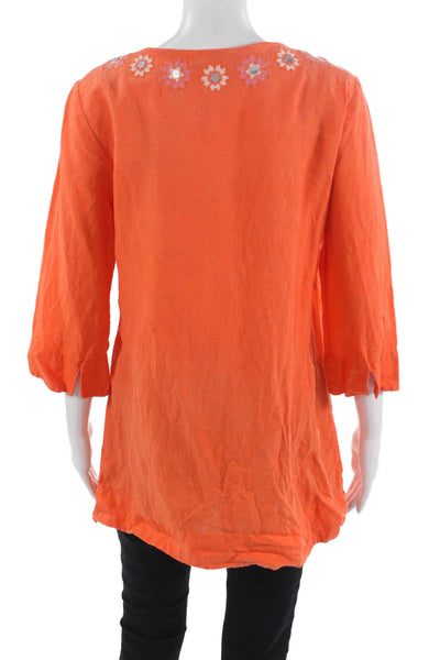 J Crew Women Orange 100% Linen Tunic V Neck 3/4 Sleeve Floral Boho Size 10