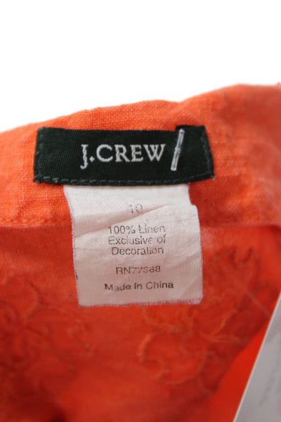 J Crew Women Orange 100% Linen Tunic V Neck 3/4 Sleeve Floral Boho Size 10