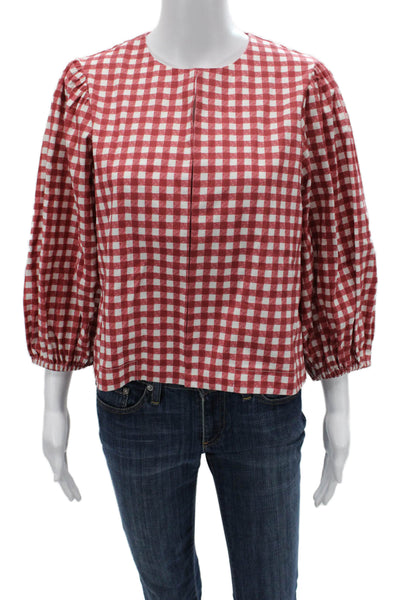 Le Club Womens Red Checked Cotton Blouse Round Neck 3/4 Sleeve Size XS