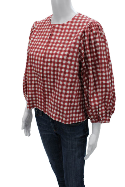 Le Club Womens Red Checked Cotton Blouse Round Neck 3/4 Sleeve Size XS