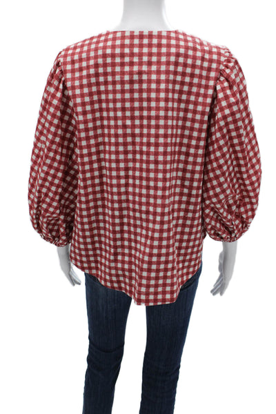 Le Club Womens Red Checked Cotton Blouse Round Neck 3/4 Sleeve Size XS