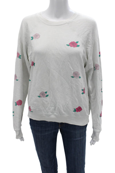 Lauren Moshi Womens Pullover Sweatshirt Floral Crew Neck White Cotton Size XS