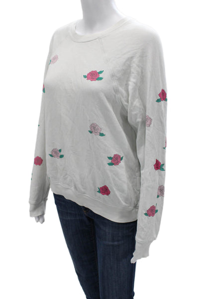 Lauren Moshi Womens Pullover Sweatshirt Floral Crew Neck White Cotton Size XS