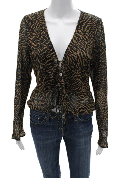 SKATIE Women Black Leopard V-Neck Button Up Long Sleeve Blouse Size XS