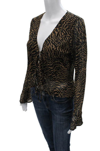 SKATIE Women Black Leopard V-Neck Button Up Long Sleeve Blouse Size XS