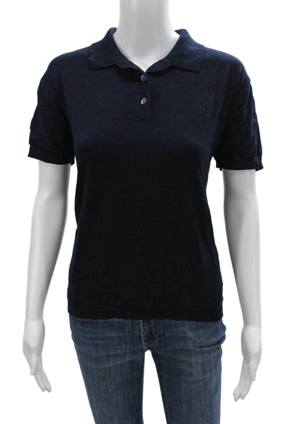 Zara Women Basic Polo Dark Blue Collared Short Sleeve Size L