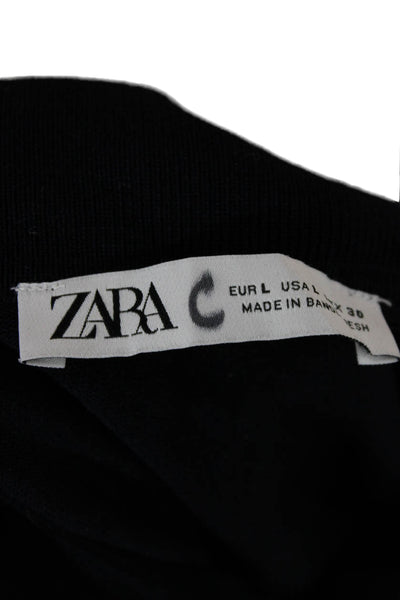 Zara Women Basic Polo Dark Blue Collared Short Sleeve Size L