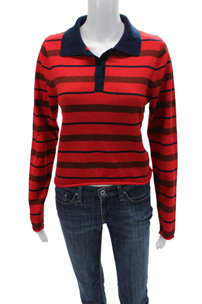Zara Womens Cropped Striped Polo Collared Long Sleeve Red Size L