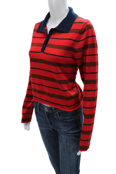 Zara Womens Cropped Striped Polo Collared Long Sleeve Red Size L