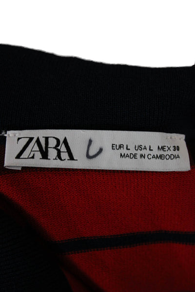 Zara Womens Cropped Striped Polo Collared Long Sleeve Red Size L