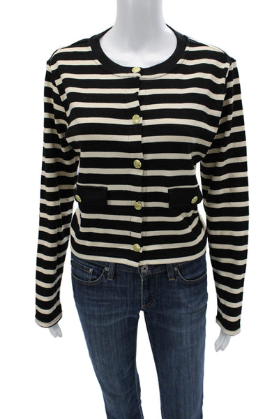 MNG Unisex Black Striped Cotton Cardigan Button Round Neck Long Sleeve Size L