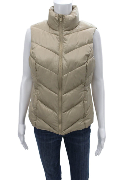 Cole Haan Womens Beige Quilted Puffer Vest High Neck Zip Sleeveless Size S