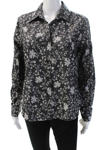 Foxcroft Womens Black Floral Cotton Button Up Long Sleeve Petite Size 12P