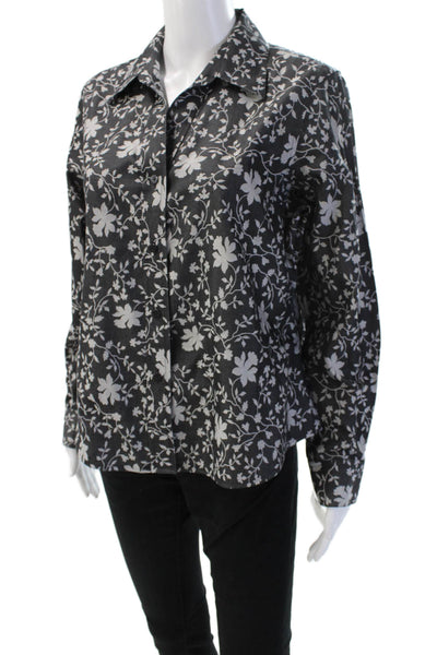 Foxcroft Womens Black Floral Cotton Button Up Long Sleeve Petite Size 12P