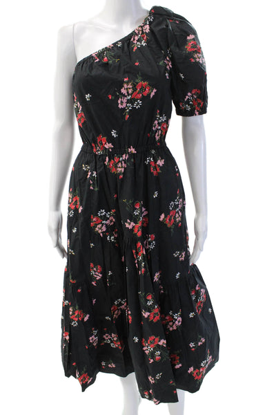 Rebecca Taylor Women A-Line Sundress Black Floral Midi Short Sleeve Size 2