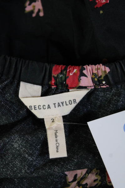 Rebecca Taylor Women A-Line Sundress Black Floral Midi Short Sleeve Size 2